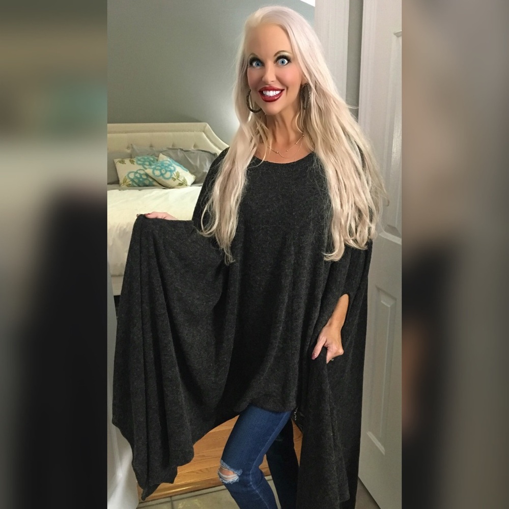 SALE Poncho Style Charcoal Sweater Top - Picture 1 of 3
